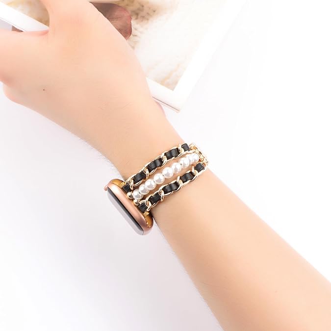 Metal Beads Leather Watch Strap